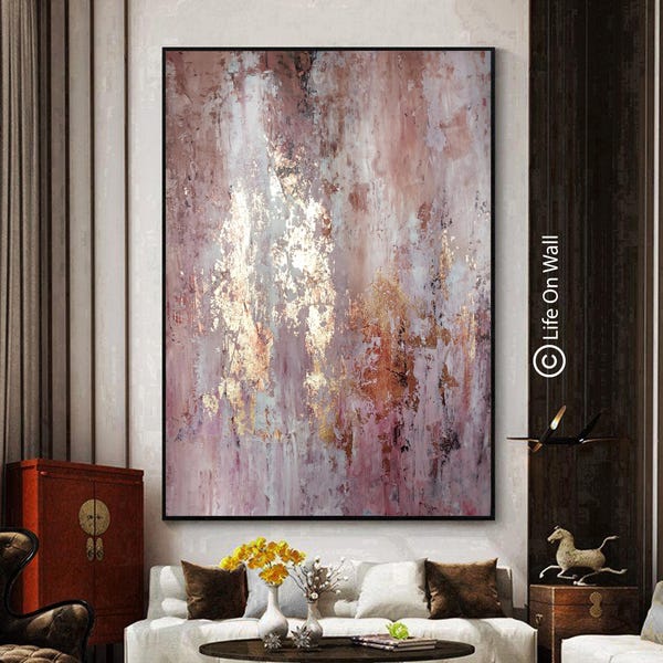 Pintura abstrata original – Tela texturizada em tons de rosa, marrom, branco e roxo com detalhes em folha de ouro.