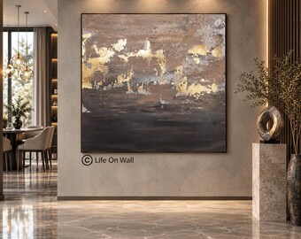 Large Abstract Canvas Art, Brown Gray Gold Painting, Curated Interior Decor, Modern Wall Artwork