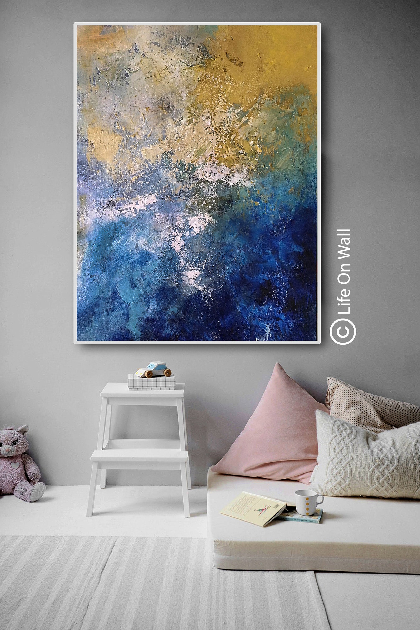 Original Abstract Painting Blue Ochre White Hand Painted Etsy