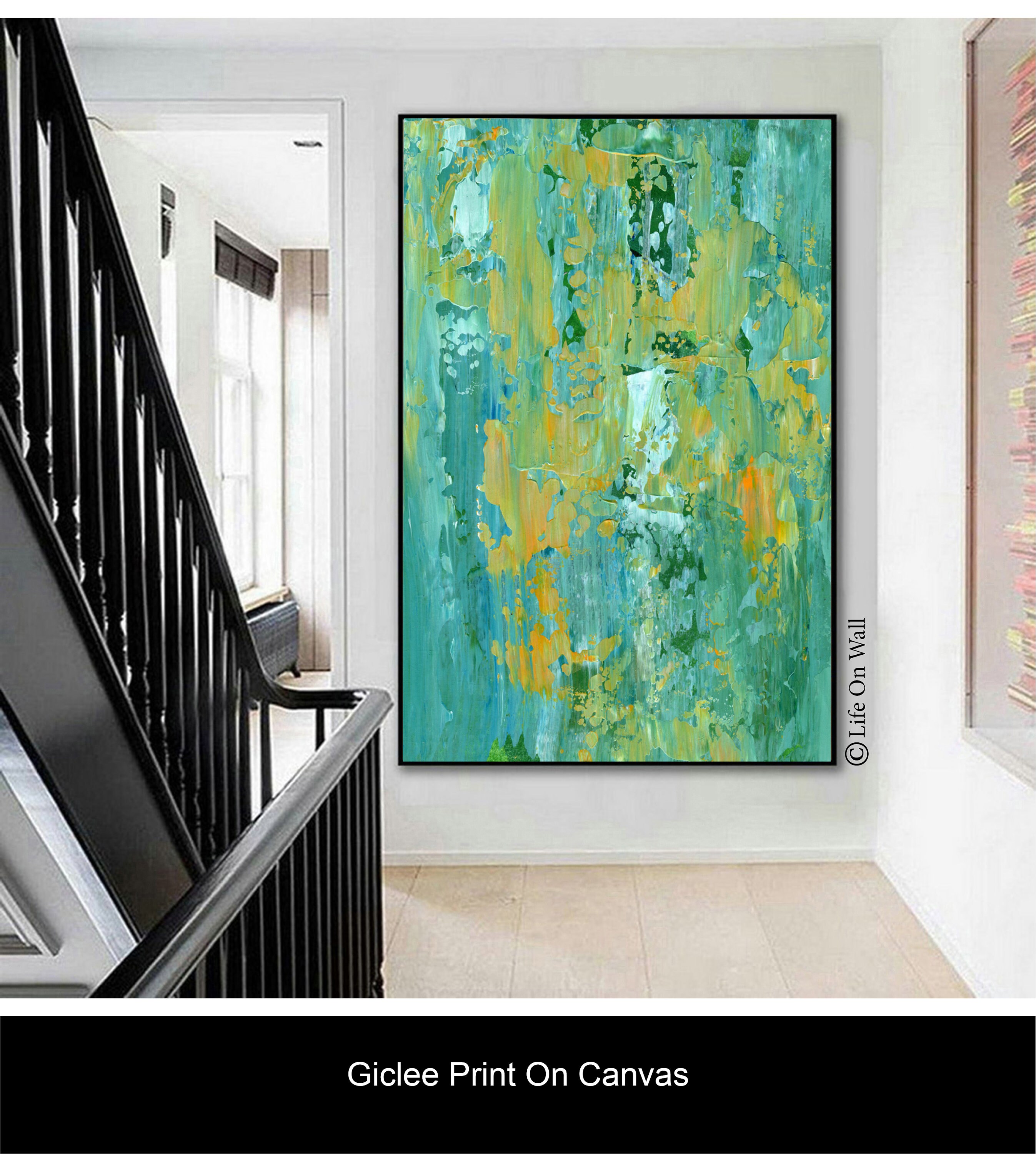 Teal Green Blue Yellow Ochre Abstract Art Print on Canvas Etsy