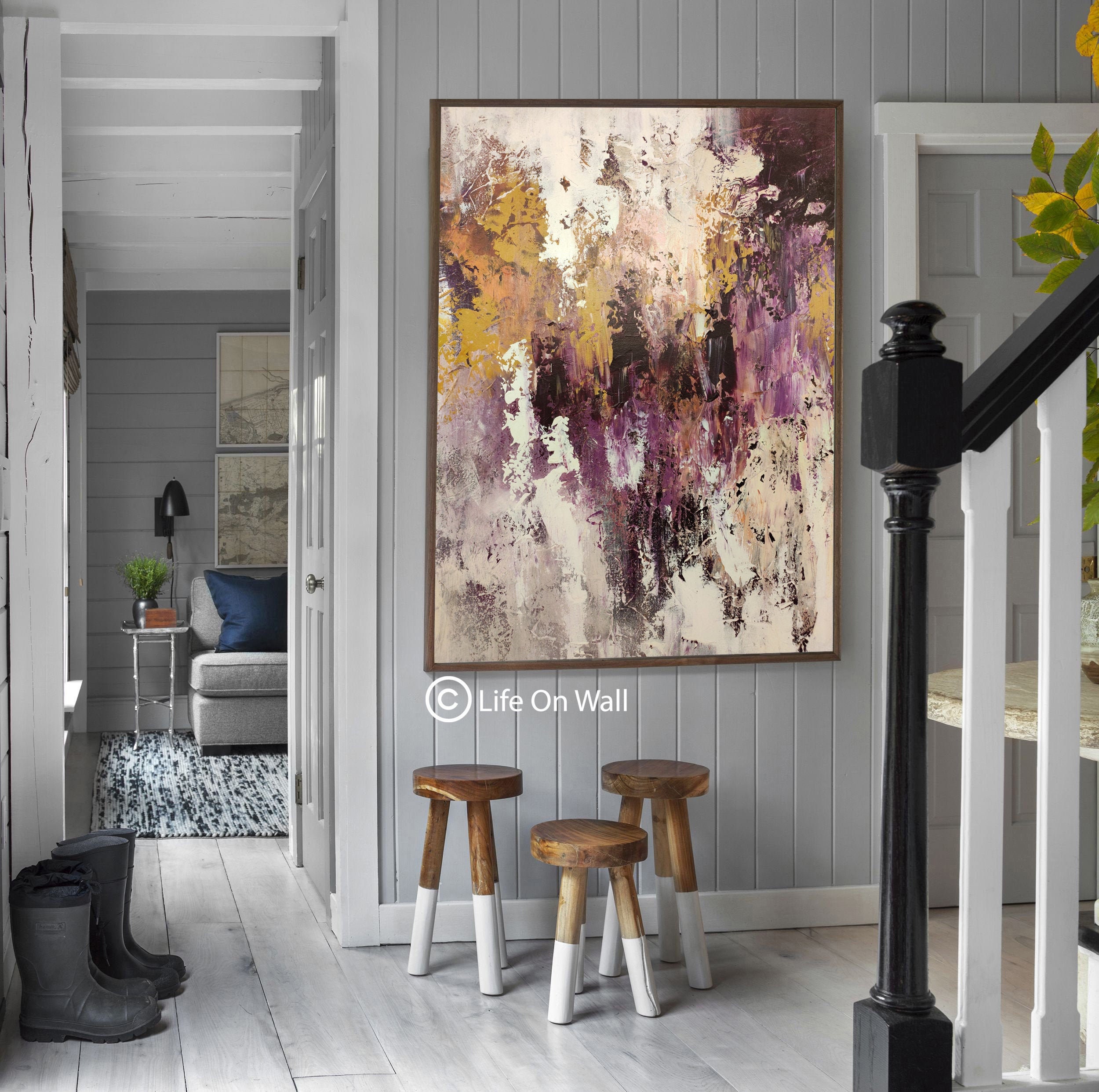 Hand Painted Abstract Art Purple White Ochre Abstract Art on Etsy