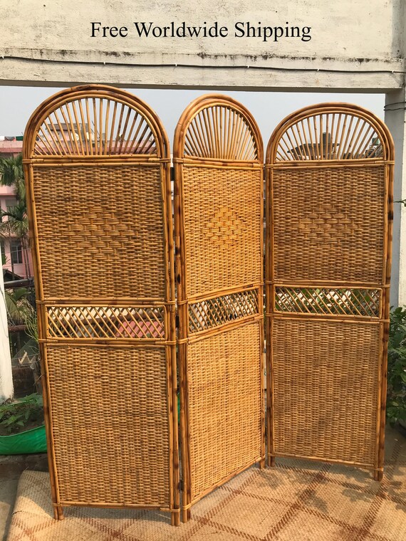 Freestanding Rattan Room Divider 3 Panel | Handcrafted Cane Privacy Screen Headboard