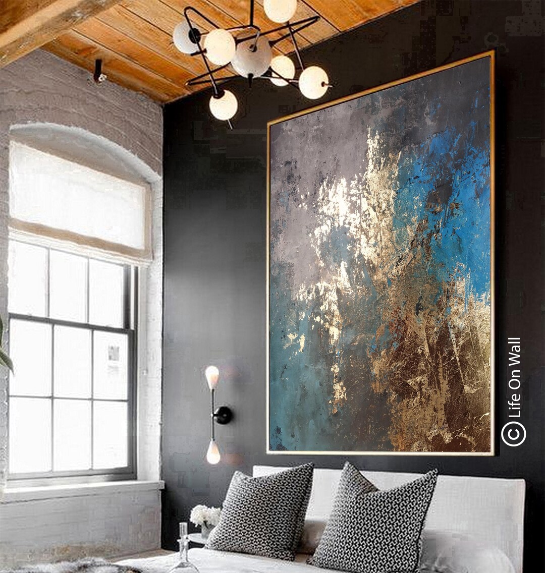 XL Abstract Canvas Art – Blue Gray Gold Leaf Textured Hand Painted ...