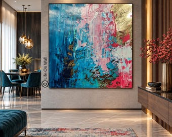 Original Blue Pink Gold Abstract Painting | Large Hand Painted Wall Art | Modern Luxury Decor