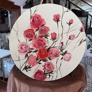 Textured Floral Palette Knife Painting: Round Canvas Abstract Art