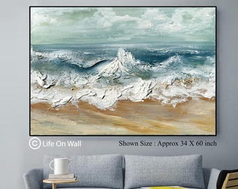 Grande dipinto di onde oceaniche testurizzate / Arte murale costiera in impasto 3D