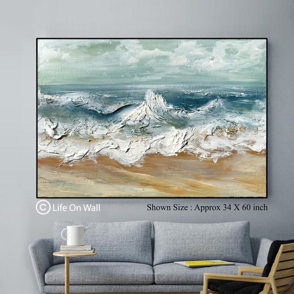 Large Textured Ocean Wave Painting | 3D Impasto Coastal Wall Art