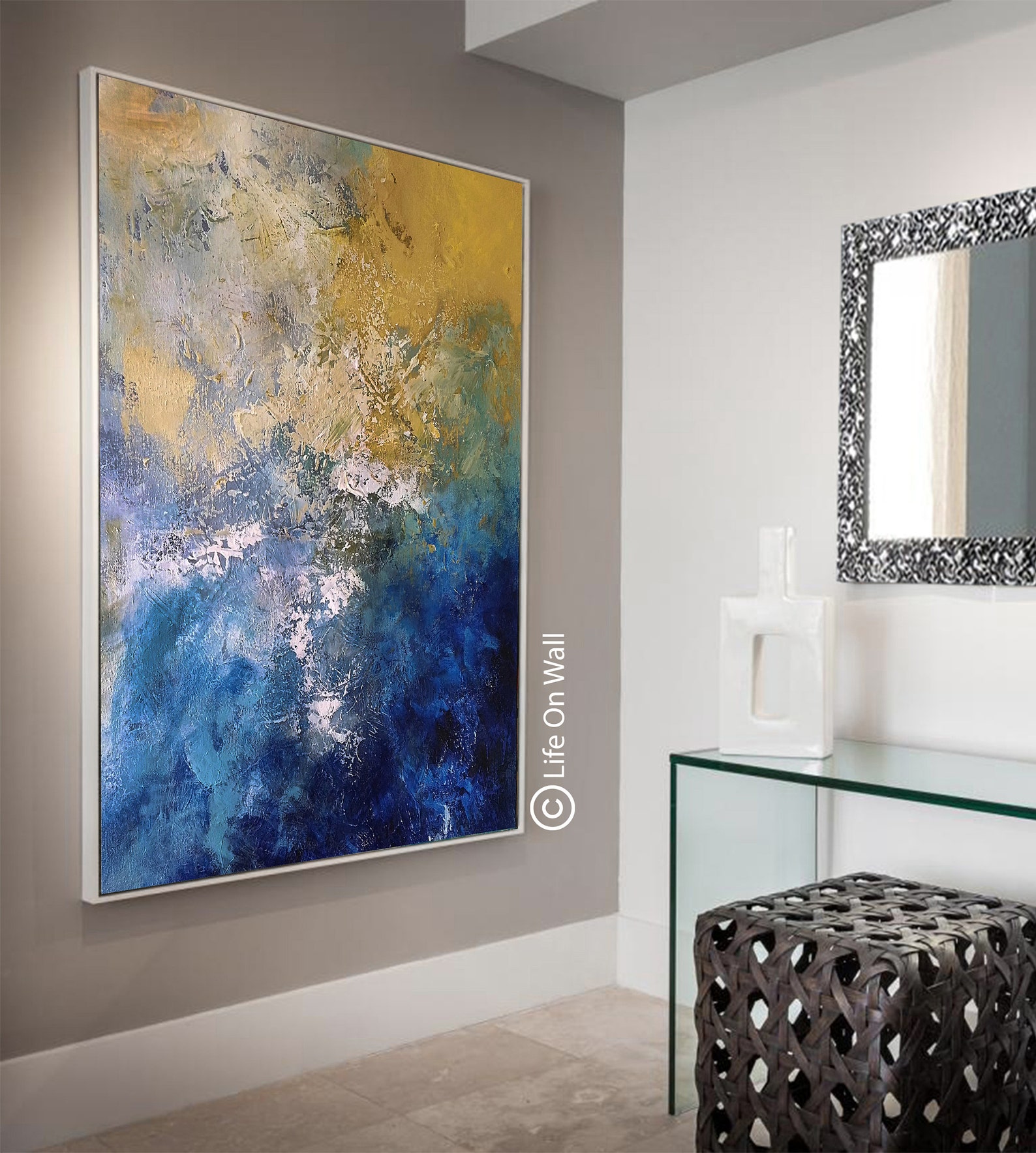 Original Abstract Painting Blue Ochre White Hand Painted Etsy