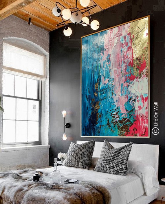 Abstract Wall Art Canvas - Hand-Painted Blue & Pink Modern Painting, 24x48 Inches, Wooden Frame, For Living Room, Bedroom, Office