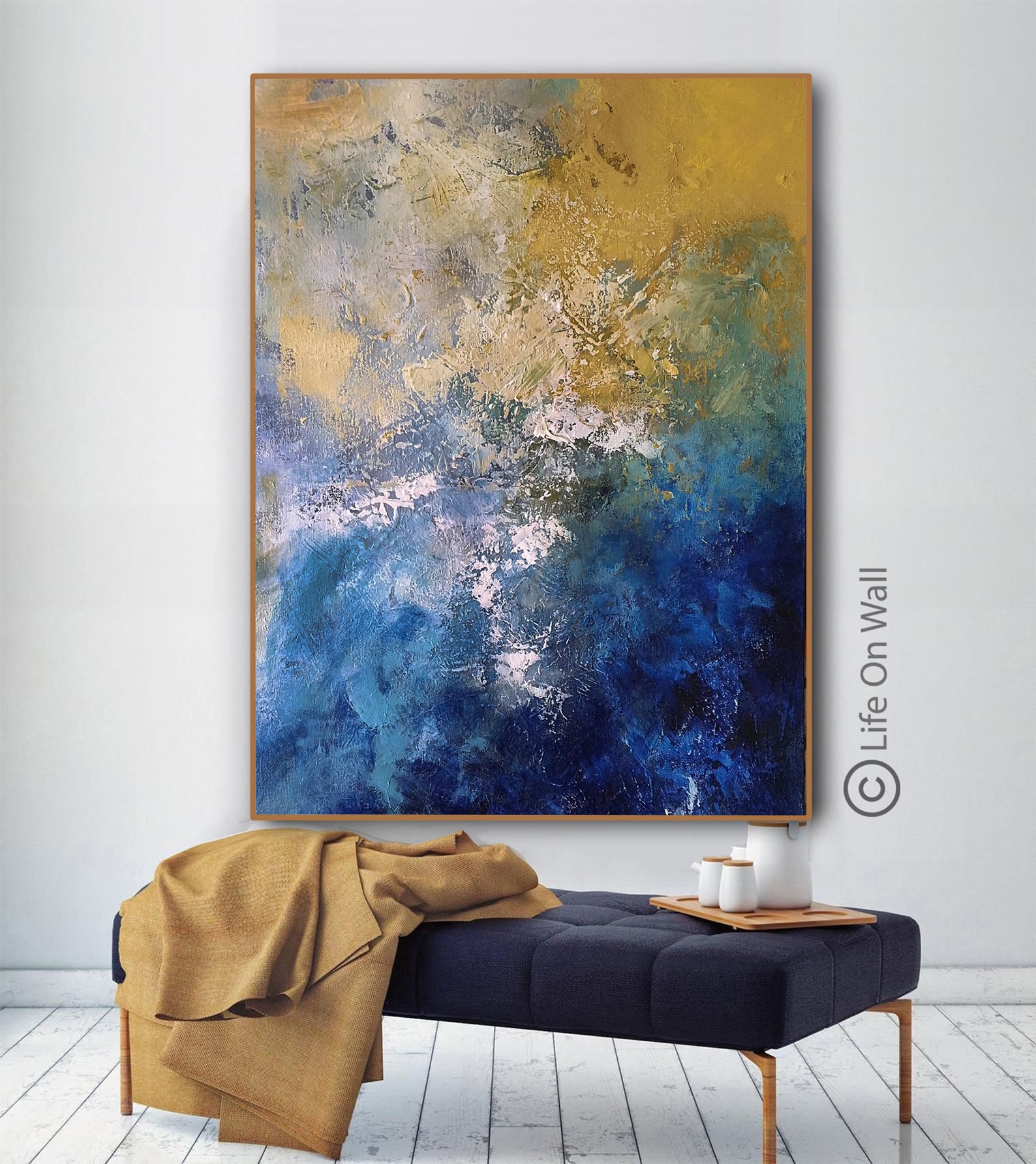Original Abstract Painting Blue Ochre White Hand Painted Etsy