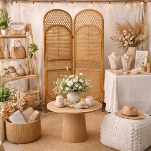 May include: A cozy, bohemian-style interior scene featuring a round jute rug, a wooden coffee table, and a woven room divider. Decorative elements include vases, plants, and a straw hat. Soft lighting from string lights enhances the inviting atmosphere.