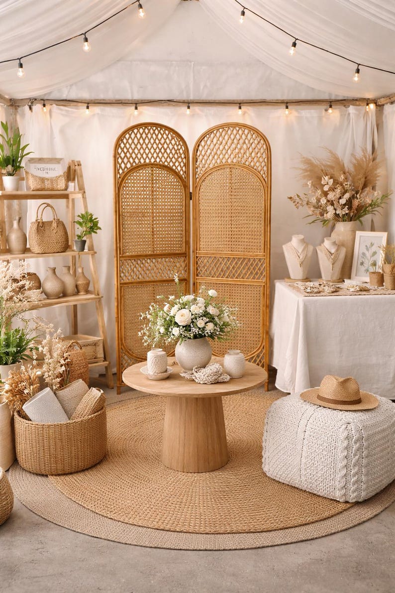 May include: A cozy, bohemian-style interior scene featuring a round jute rug, a wooden coffee table, and a woven room divider. Decorative elements include vases, plants, and a straw hat. Soft lighting from string lights enhances the inviting atmosphere.
