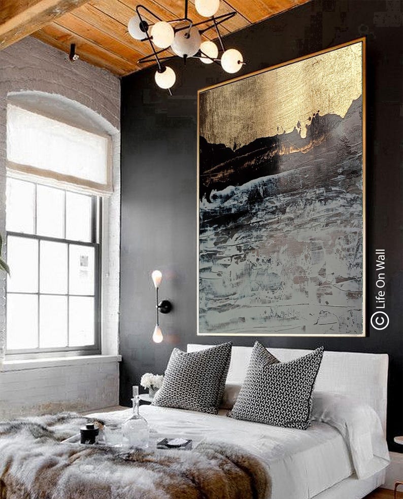 Original Abstract Art : Gray, Black & Gold Foil Textured Palette Knife ...