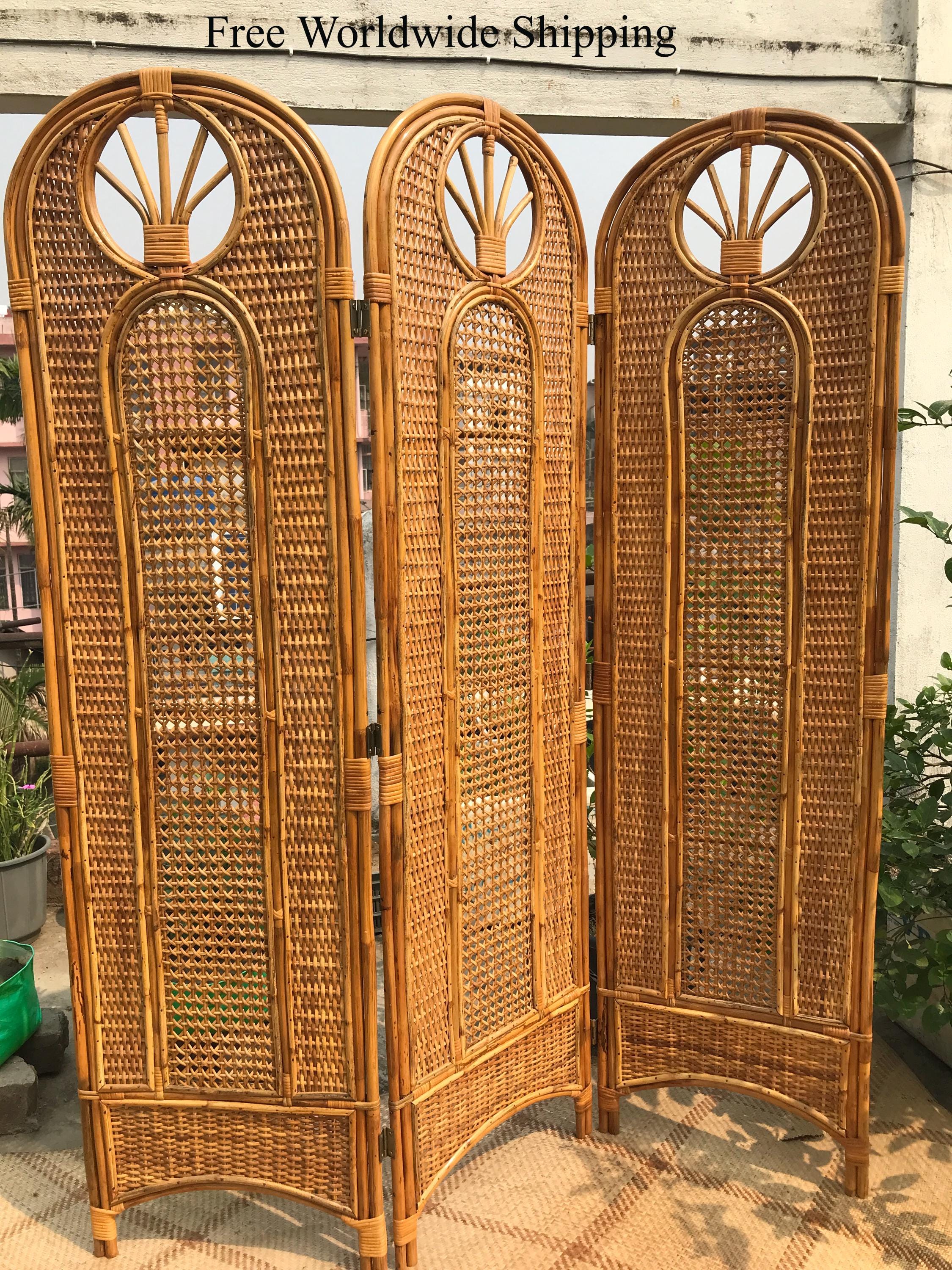 Freestanding Rattan Room Divider | Boho Cane Privacy Screen | 3-Panel Foldable Partition - 6 Feet | Handmade Bed Headboard | Boho Home Decor