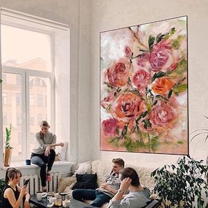 Peinture florale texturée pour empâtements 3D | Art abstrait de roses peintes à la main sur toile