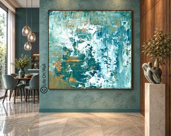 Original Teal White Abstract Painting, Textured Canvas Wall Art, Organic Modern Home Decor