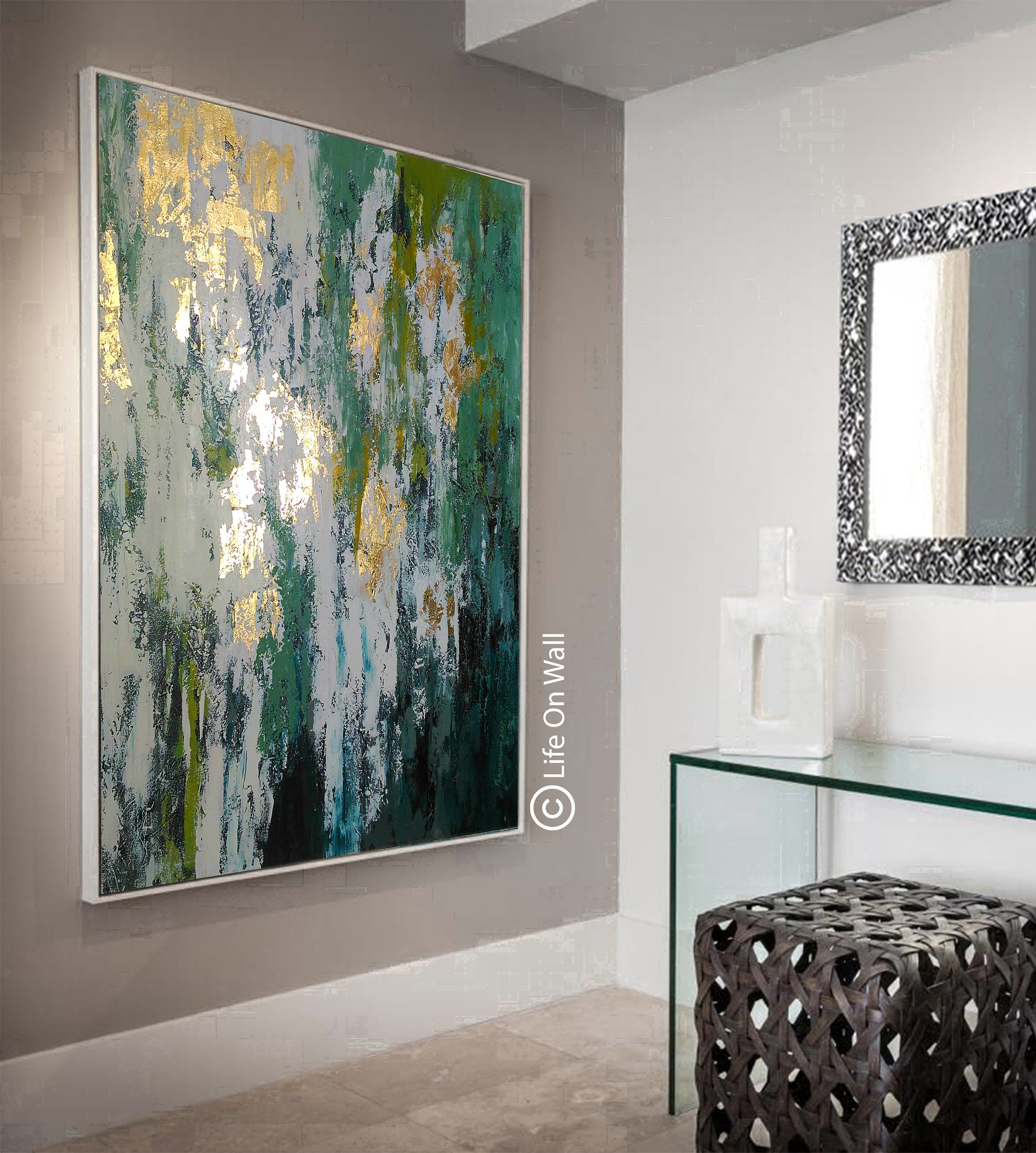 Original Abstract Painting green white gold foil leaf hand Etsy