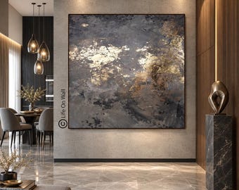 Modern Abstract Painting, Gray Black Gold Canvas Art, Palette Knife Luxury Wall Decor