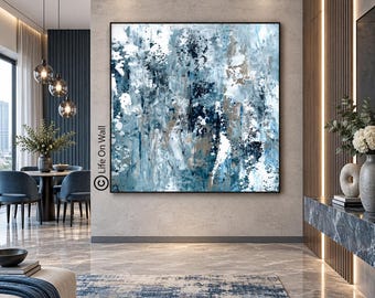 Original Contemporary Abstract Painting, Blue Gray Textured Canvas Art, Hand Painted Palette Knife Decor