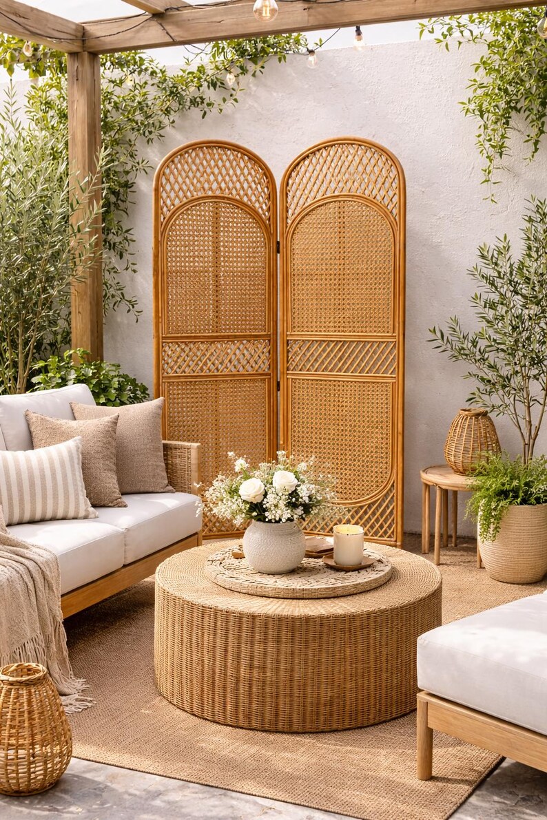 May include: A cozy outdoor living space featuring a woven rattan coffee table, a matching room divider, and a light-colored sofa with decorative pillows. A vase of white flowers and a candle sit on the table, creating a relaxing atmosphere.