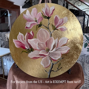 Circle Canvas Painting | Floral Palette Knife Magnolia Painting on Canvas | Hand-Painted Floral Textured Abstract Art | Round Canvas Art