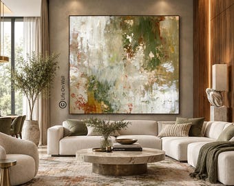 Original Earth Tone Abstract Painting, Green Beige Textured Canvas Wall Art, Wabi Sabi Decor