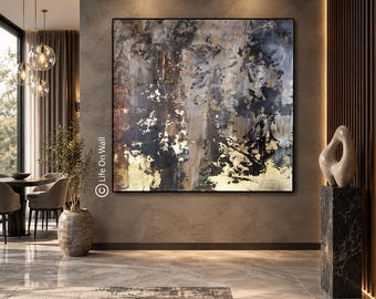 Contemporary Gray Beige Gold Canvas Art, Luxury Interior Painting, Gallery Style Wall Decor