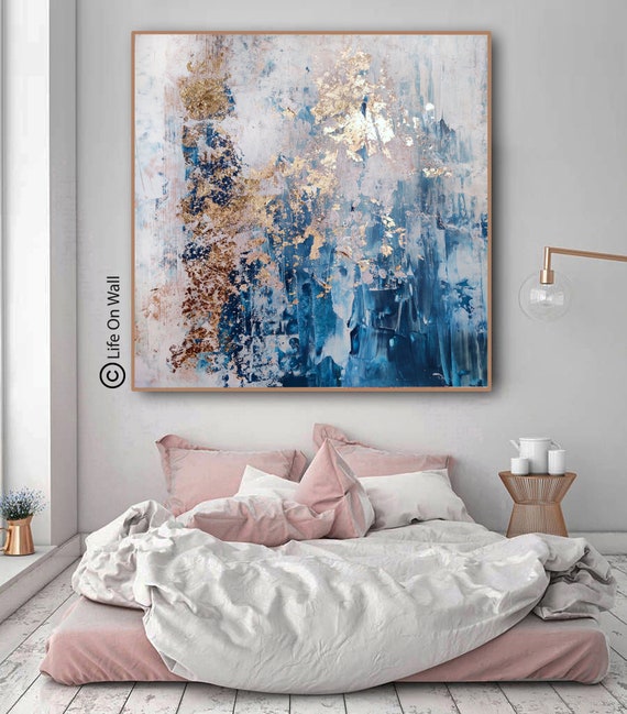 Original Abstract Painting blue gold silver foil, Neutral abstract