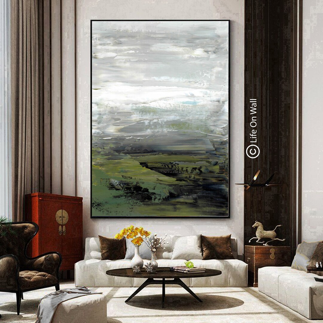 Muted Green Gray Abstract Art, Original Textured Painting Green White