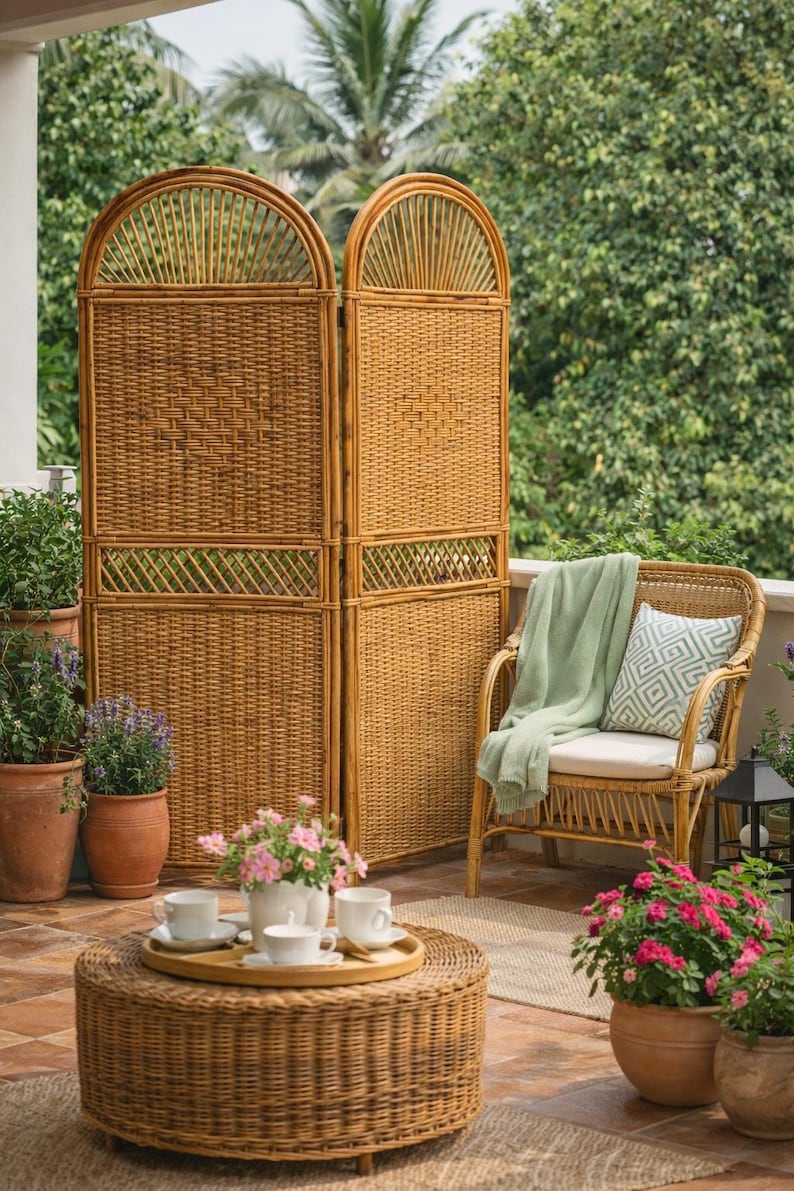 Puede incluir: Un biombo de mimbre natural con la parte superior arqueada se encuentra en un patio, junto a una silla de mimbre con una manta verde y un coj&iacute;n estampado. Una mesa de centro redonda de mimbre sostiene una bandeja con tazas y un jarr&oacute;n con flores rosas. Plantas en macetas rodean el patio.