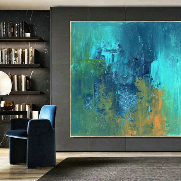 Abstract artwork on canvas, Teal green blue ochre extra large Abstract Art, Abstract canvas art, Bedroom Art for home decor