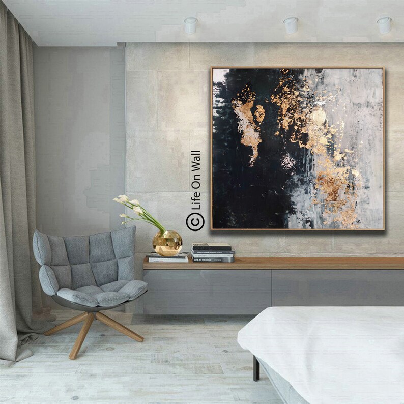 Bedroom Abstract Art Original Black Gray White Gold Foil Hand Etsy