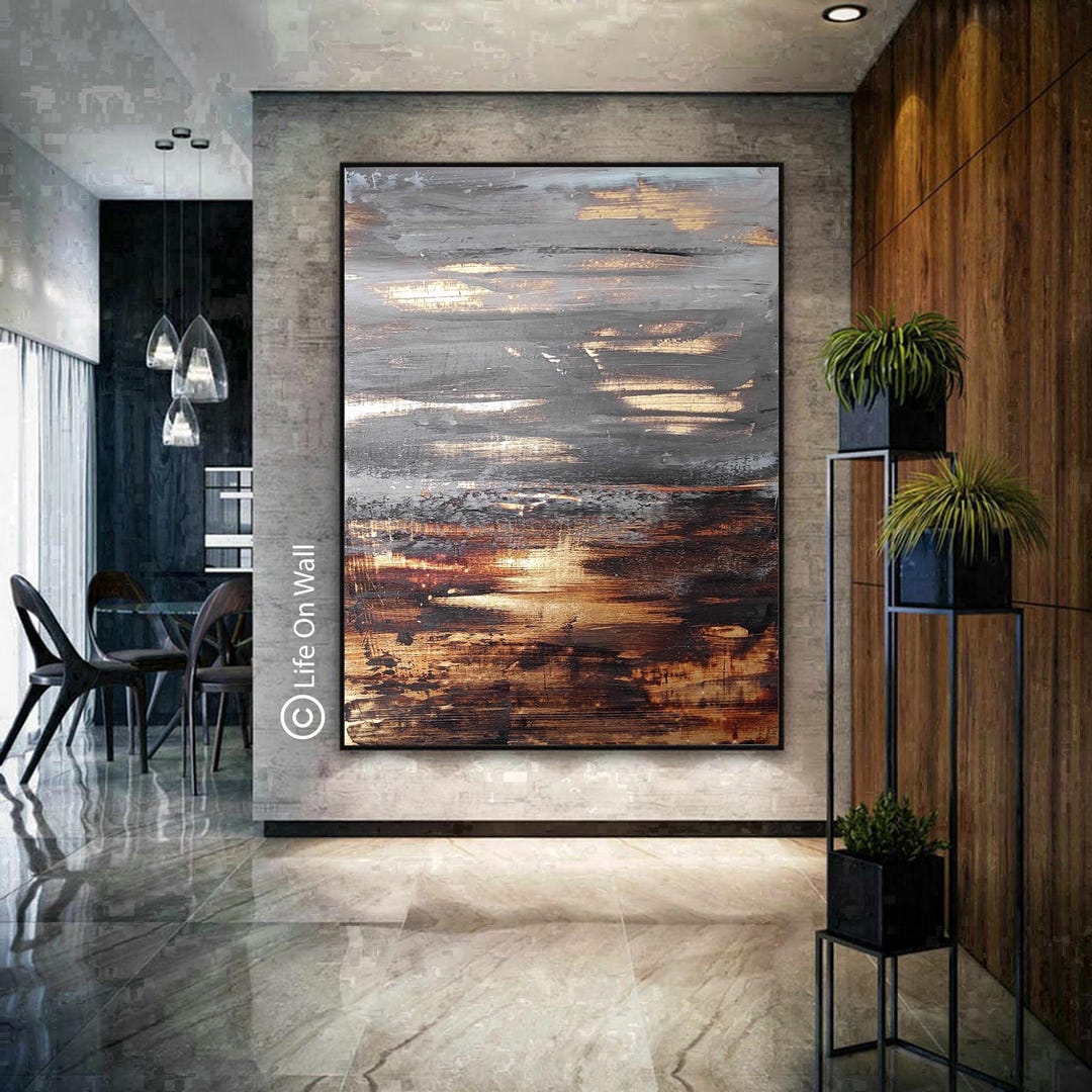 Large Abstract Painting – Textured Gold Leaf Gray Brown Black Hand ...