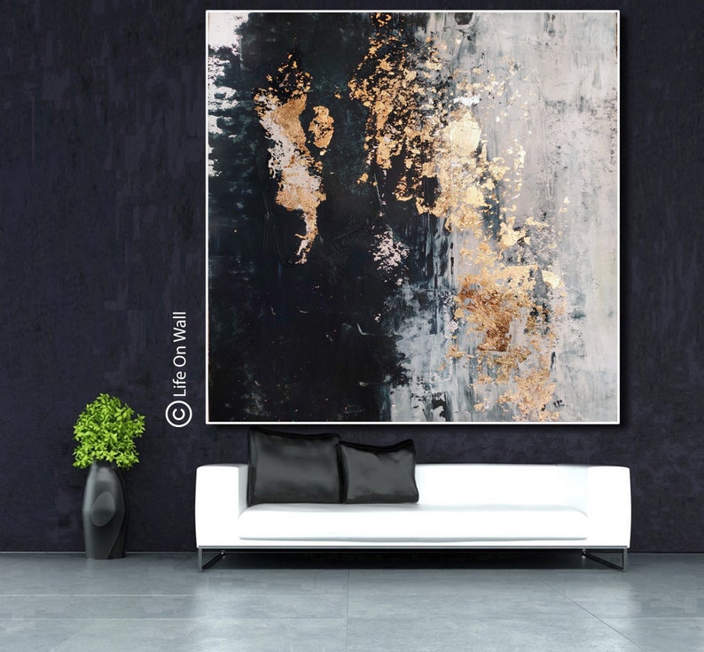 Bedroom Abstract Art Original Black Gray White Gold Foil Hand Etsy