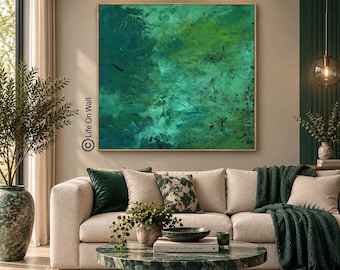 Large Green Canvas Art, Original Modern Abstract Painting, Designer Living Room Interior Decor