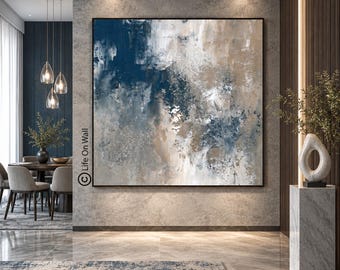 Canvas Art Abstract Paintings, Blue Gray Neutral Textured Artwork, Modern Minimalist Wall Art