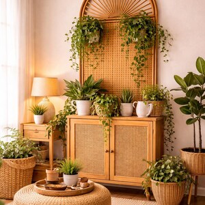 Puede incluir: Un sal&oacute;n acogedor con un mueble de madera con puertas de mimbre y una decoraci&oacute;n de pared arqueada a juego. La habitaci&oacute;n est&aacute; llena de varias plantas en macetas, un otom&aacute;n tejido y una alfombra beige, creando un ambiente natural y acogedor.