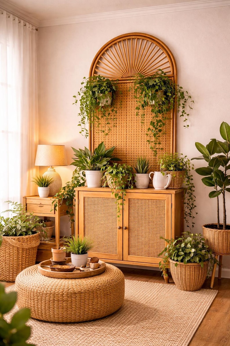 Puede incluir: Un sal&oacute;n acogedor con un mueble de madera con puertas de mimbre y una decoraci&oacute;n de pared arqueada a juego. La habitaci&oacute;n est&aacute; llena de varias plantas en macetas, un otom&aacute;n tejido y una alfombra beige, creando un ambiente natural y acogedor.