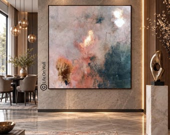 Original Neutral Abstract Painting, Blush Pink Gray Blue Gold Canvas, Luxury Contemporary Wall Art