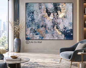 Original Blue Pink Gold Abstract Painting, Hand Painted Textured Wall Art, Contemporary Decor