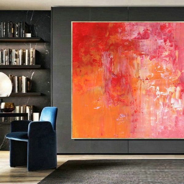 Large framed Abstract canvas art pink red orange ochre, ready to hang wall art for home decor office decor, fast shipping, framed artworks