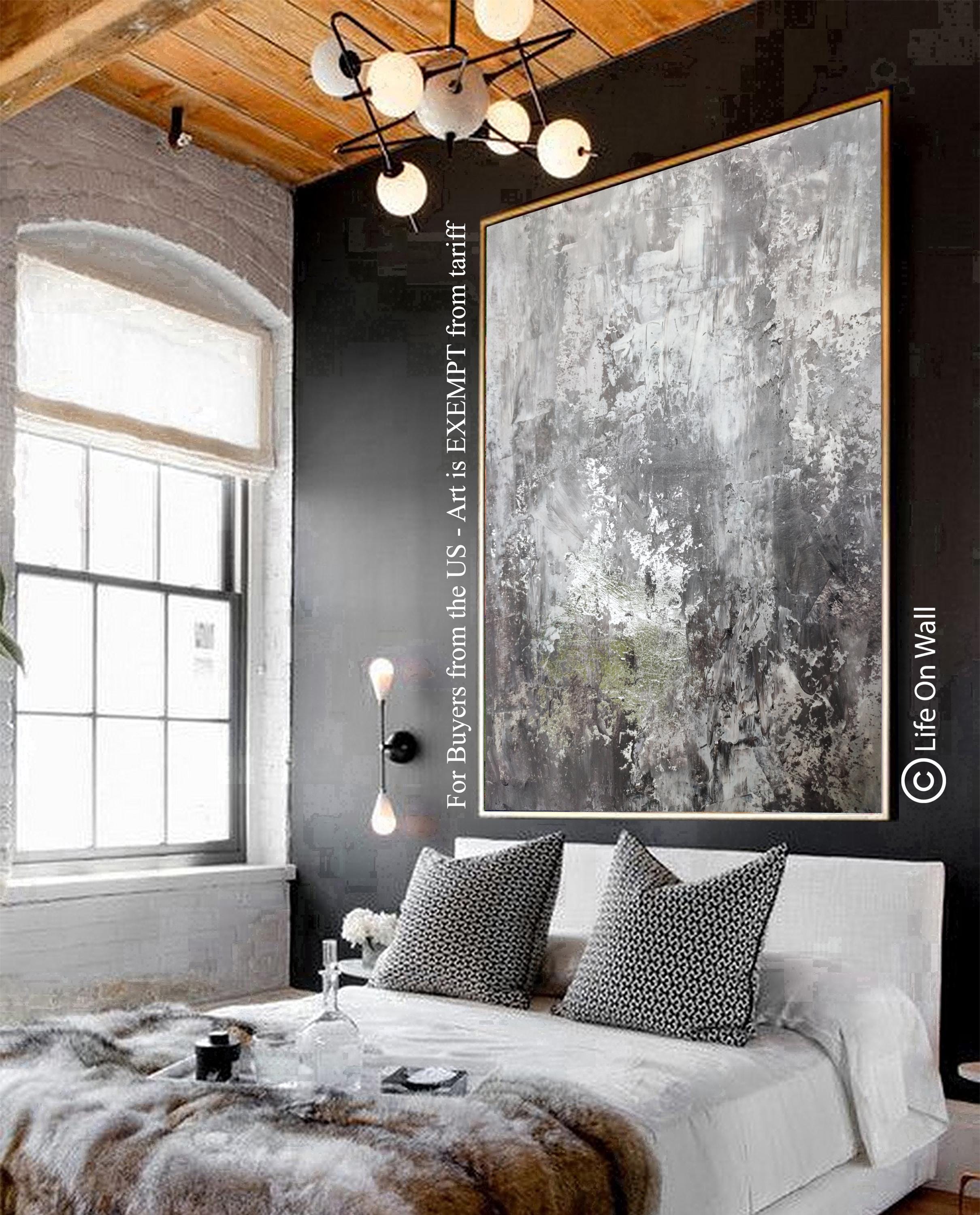 Large Silver Foil Abstract Painting | Original Gray White Abstract Art | Hand Painted Silver Leaf Artwork | Modern Textured Canvas Wall Art