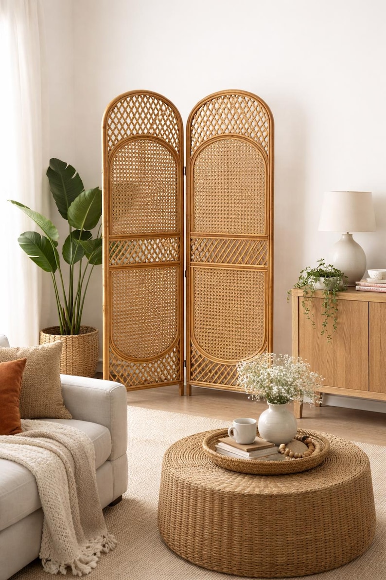 May include: A natural woven rattan room divider with two panels. The panels have a diamond pattern at the top and bottom, with a woven pattern in the center. The divider is in a well-lit room with a sofa, coffee table, and plants.