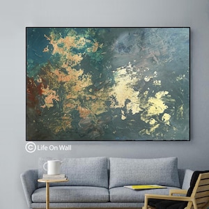 Peinture abstraite texturée : oeuvre d&#39;art verte, dorée et brune au couteau