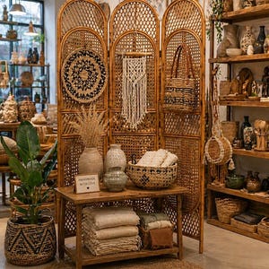 May include: A display of handcrafted home decor items. A woven room divider is the focal point, adorned with a macrame wall hanging, a woven bag, and a circular woven wall art. A wooden table displays vases, a basket, and folded textiles. A sign reads "HANDMADE WITH LOVE."
