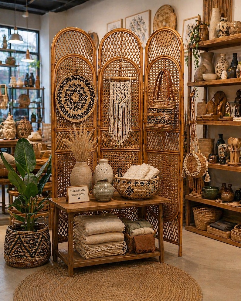 May include: A display of handcrafted home decor items. A woven room divider is the focal point, adorned with a macrame wall hanging, a woven bag, and a circular woven wall art. A wooden table displays vases, a basket, and folded textiles. A sign reads "HANDMADE WITH LOVE."