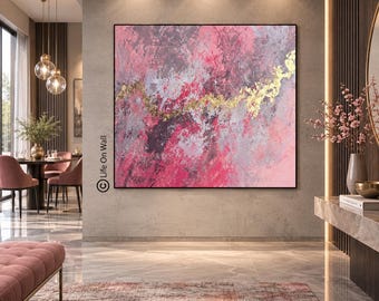 Original Pink Gold Abstract Painting, Hand Painted Textured Canvas Wall Art, Modern Luxury Living