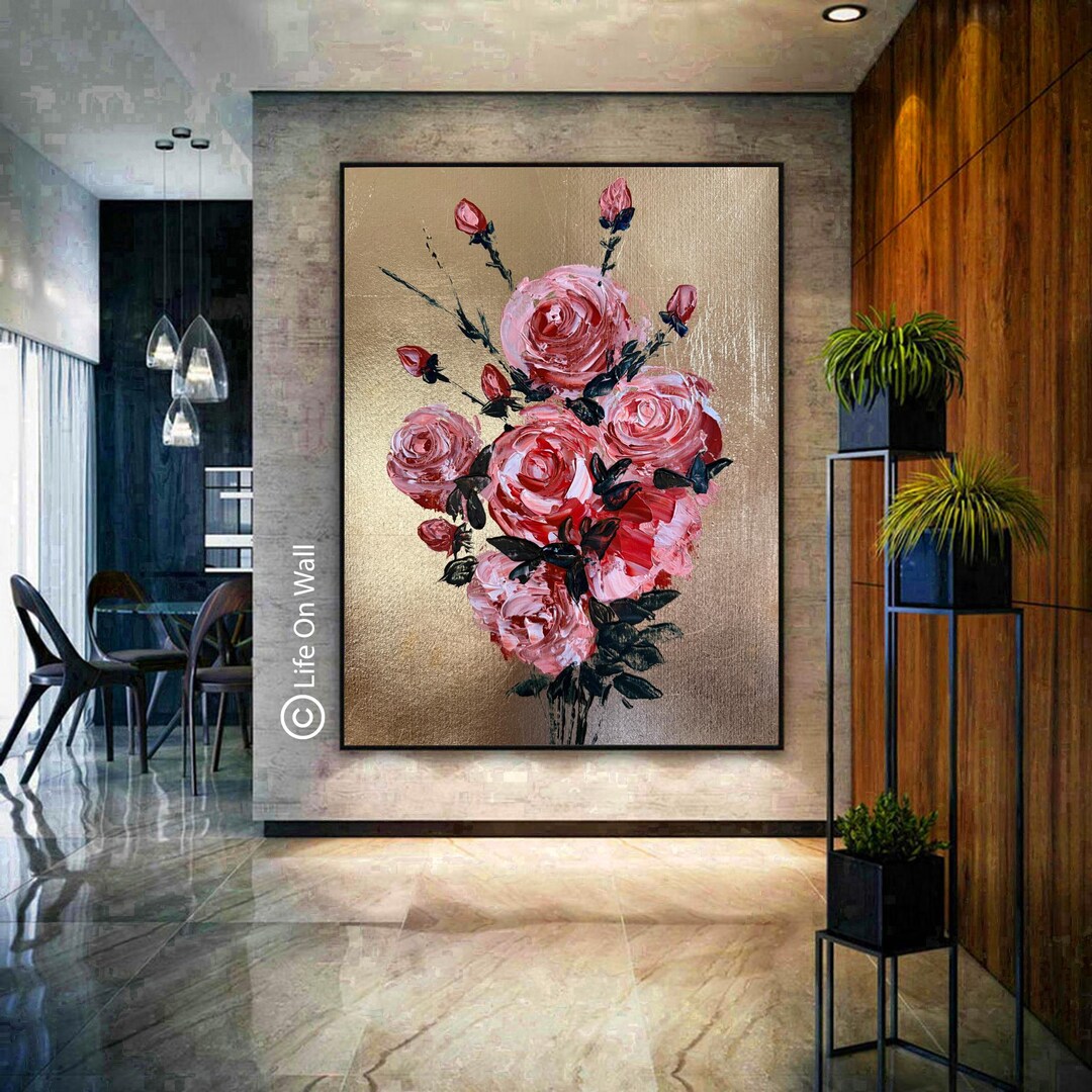 Original Rose Painting: Textured Gold Foil Floral Canvas Art - Etsy