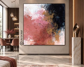 Original Pink Brown Black Ochre Abstract Painting, Large Textured Palette Knife Canvas Wall Art