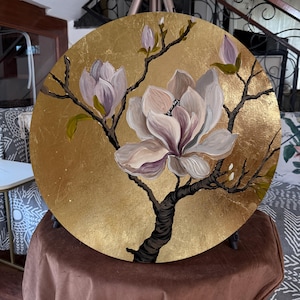 Round Canvas Painting | Floral Palette Knife Magnolia Painting on Canvas | Hand-Painted Floral Textured Abstract Art |Circle Canvas Painting